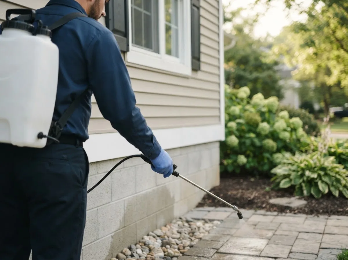 Pest control technician inspecting a home in Nerstrand, MN